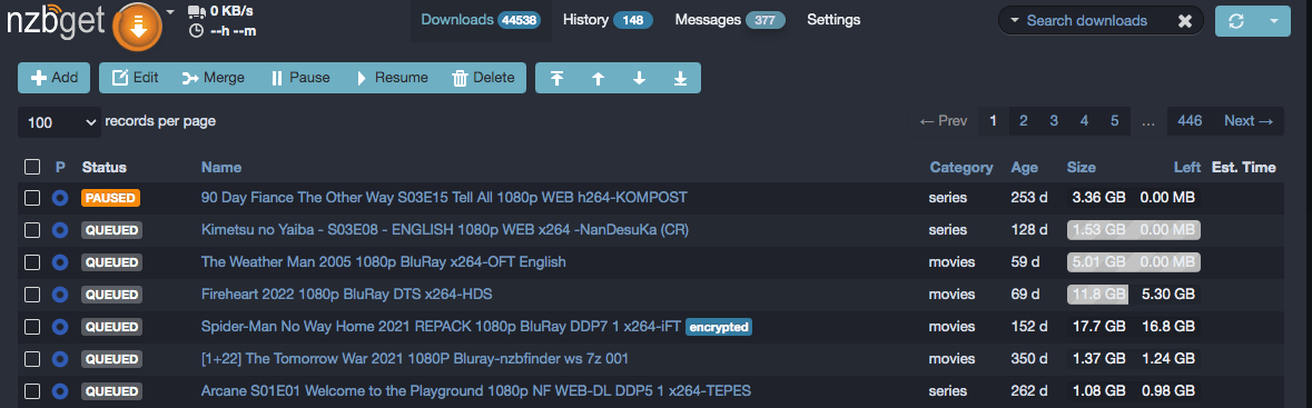 NZBGet interface with nord theme applied showing dark color scheme