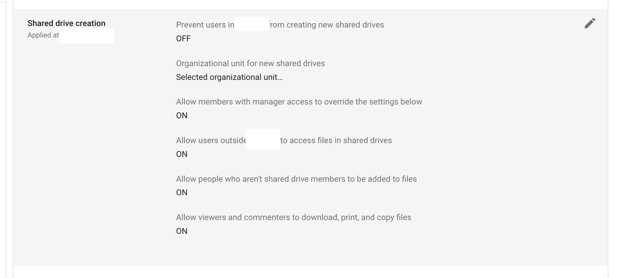 Shared drive creation settings with recommended configuration options